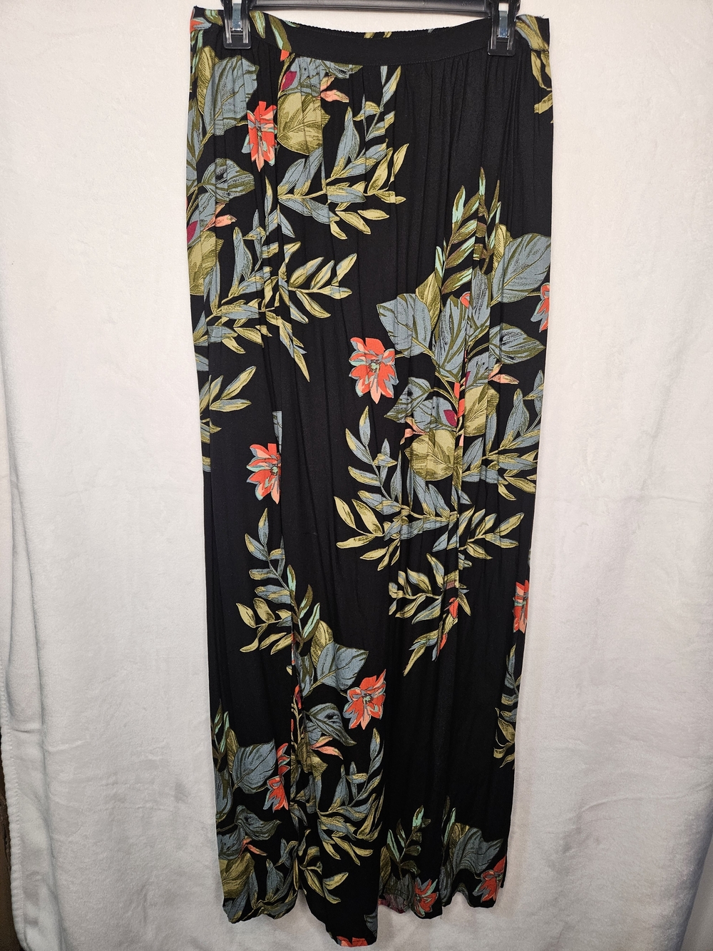Patrons of Peace Black Floral Maxi Skirt with Coral & Sage Leaves